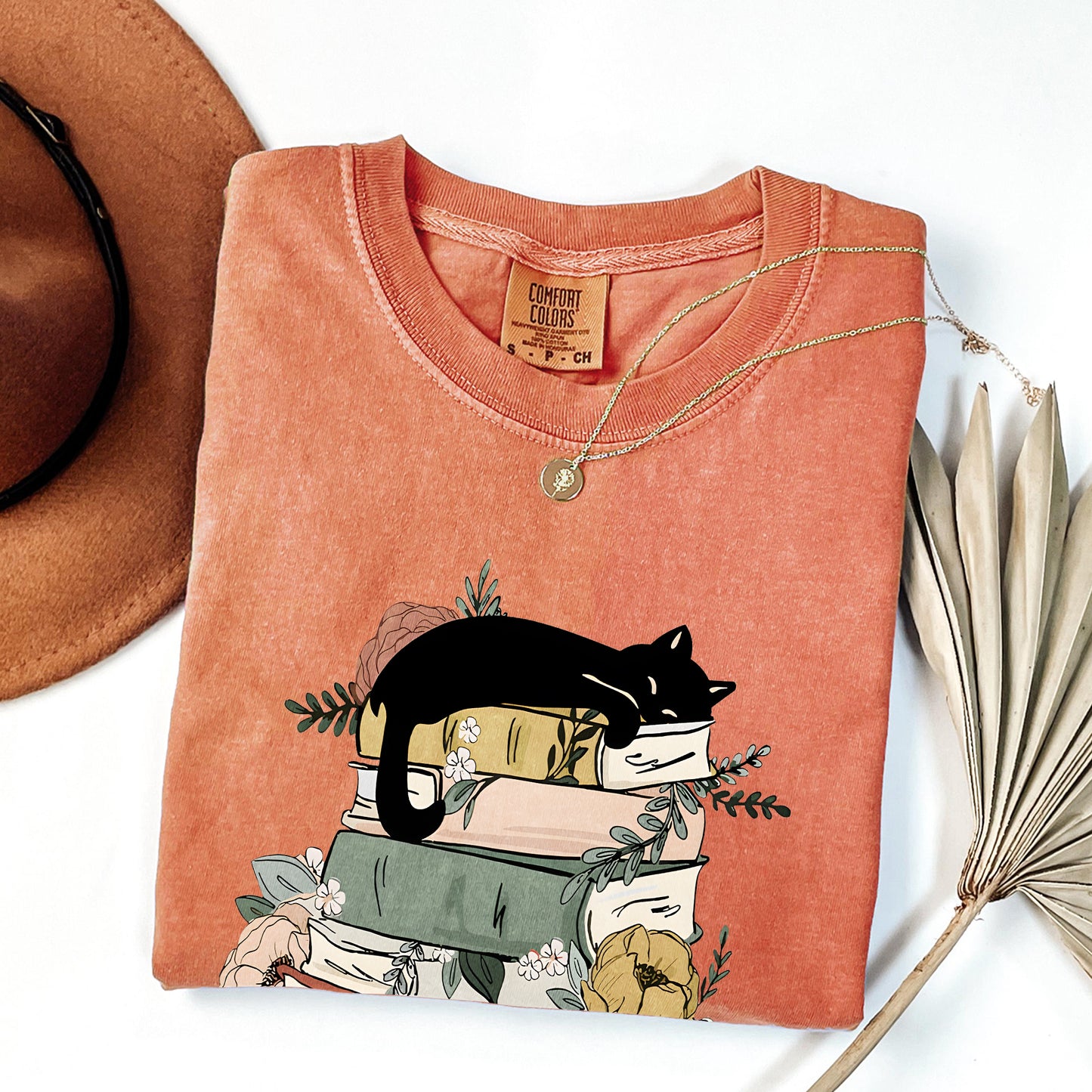 Cozy Book Lover Comfort Colors T-Shirt – Cat & Floral Aesthetic