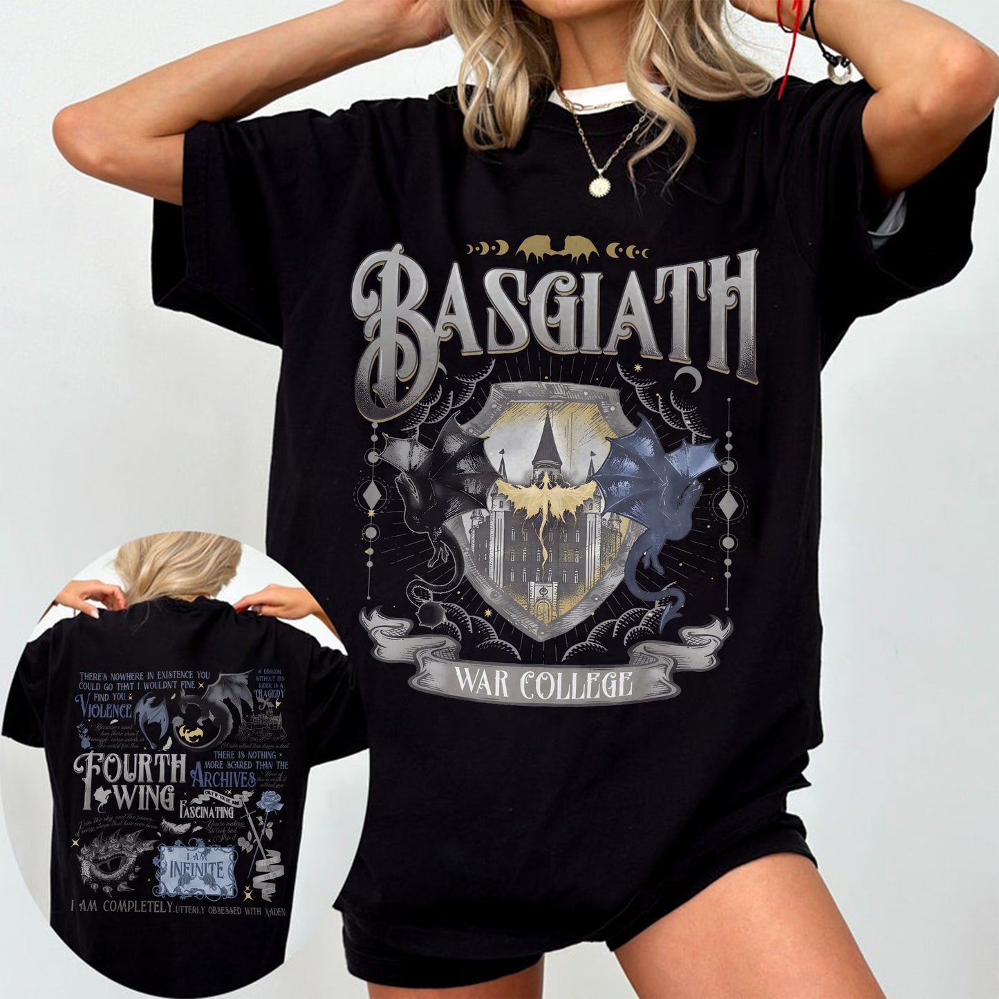 Basgiath Comfort Colors Tee – Fourth Wing Crest & Xaden Quotes