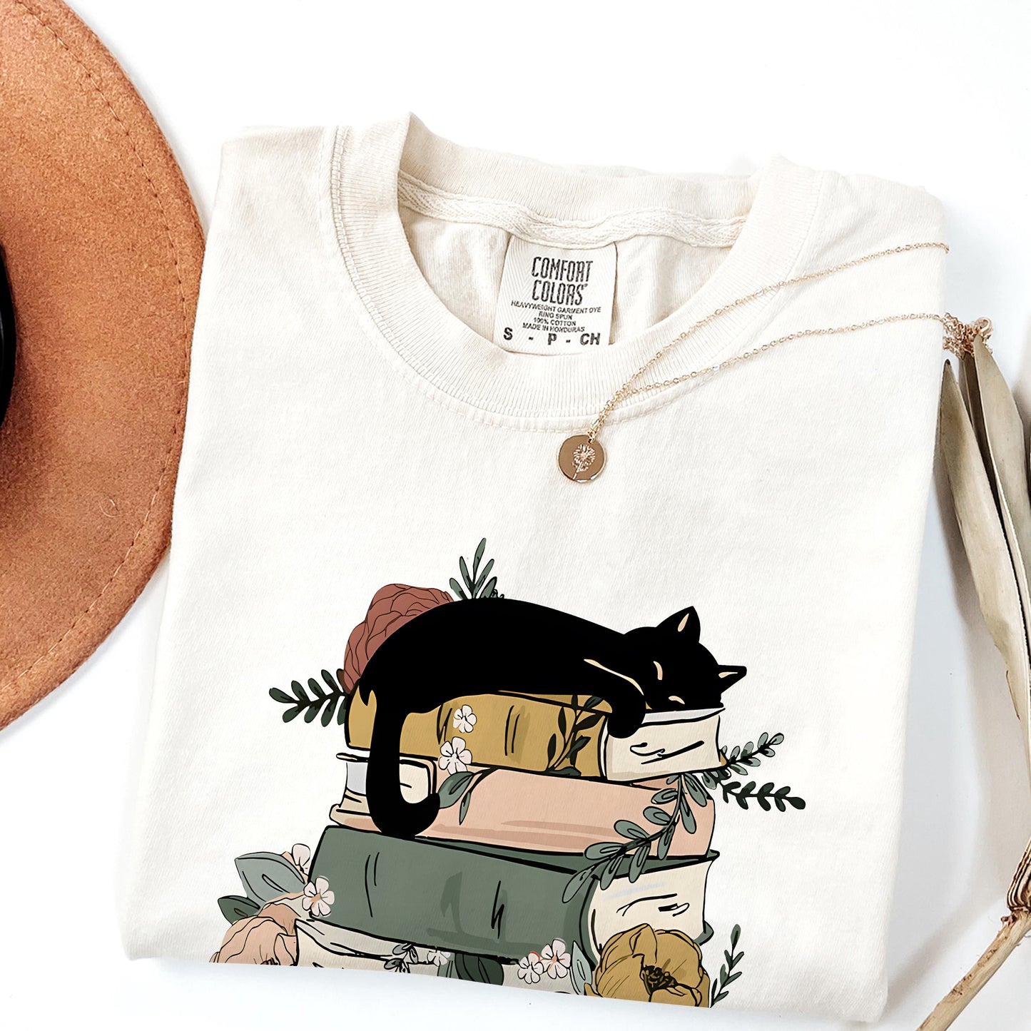 Cozy Book Lover Comfort Colors T-Shirt – Cat & Floral Aesthetic