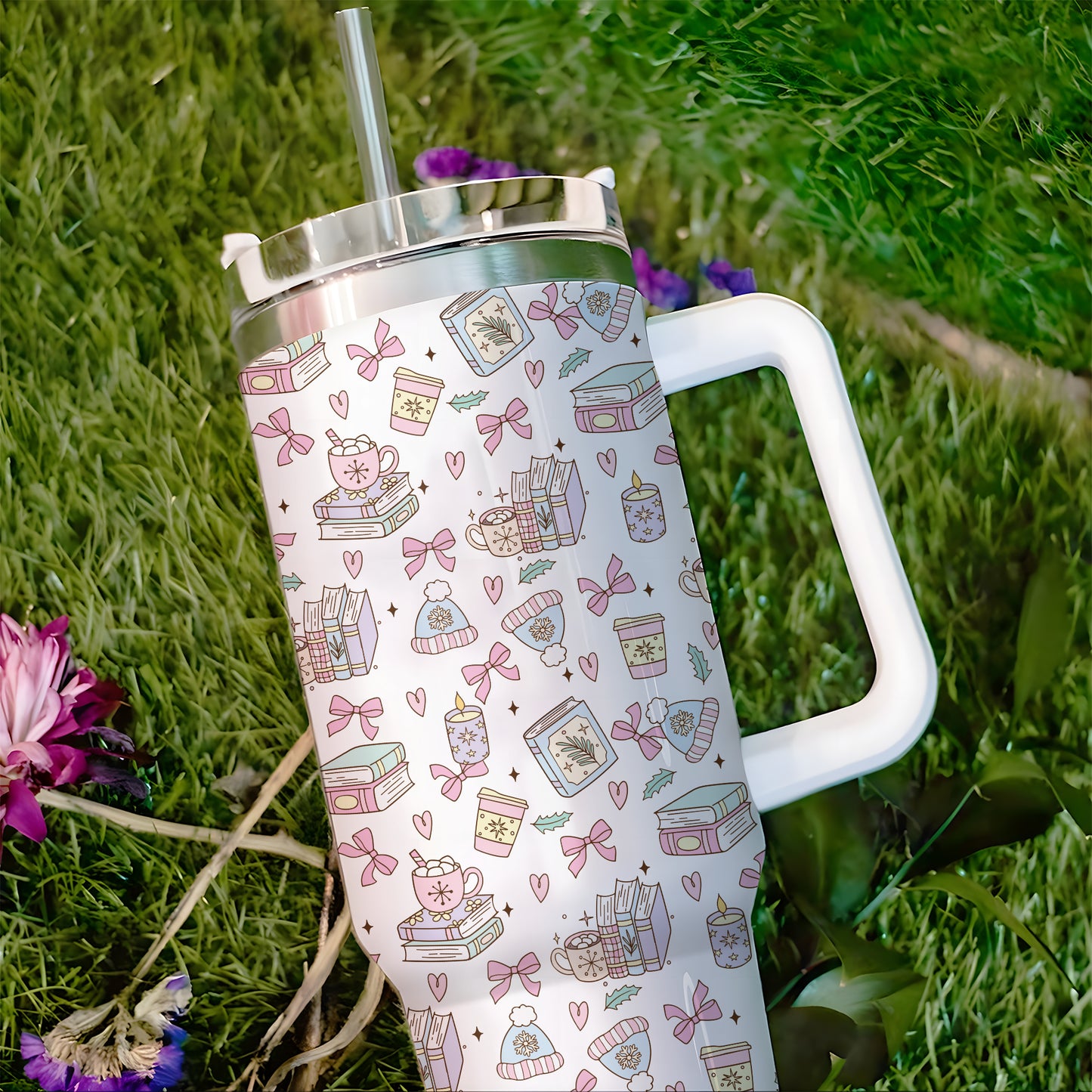 Cozy Bookish Winter Tumbler with Handle – 40oz Insulated Cup