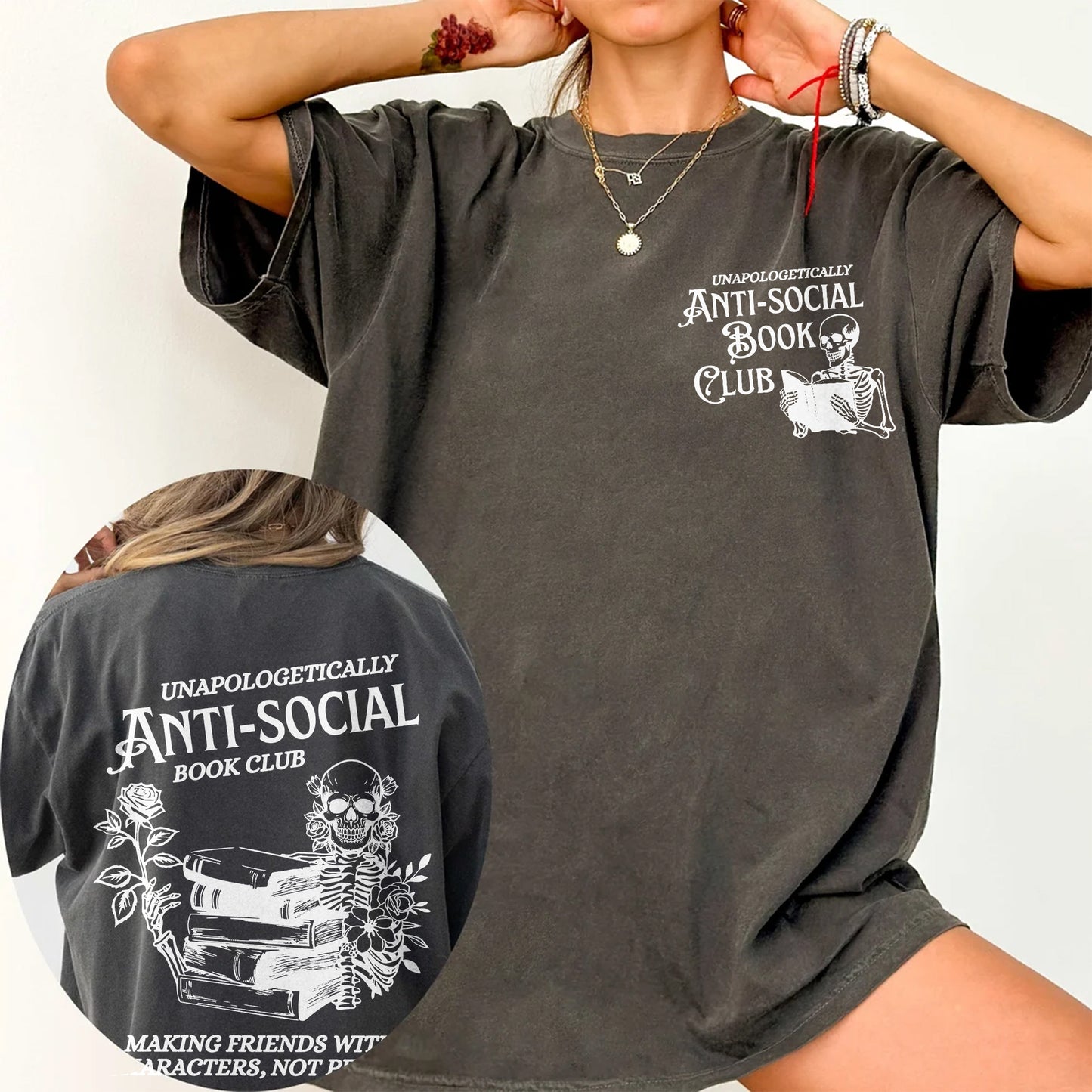 Anti-Social Book Club Comfort Colors T-Shirt – Dark Academia Skeleton Reader Tee