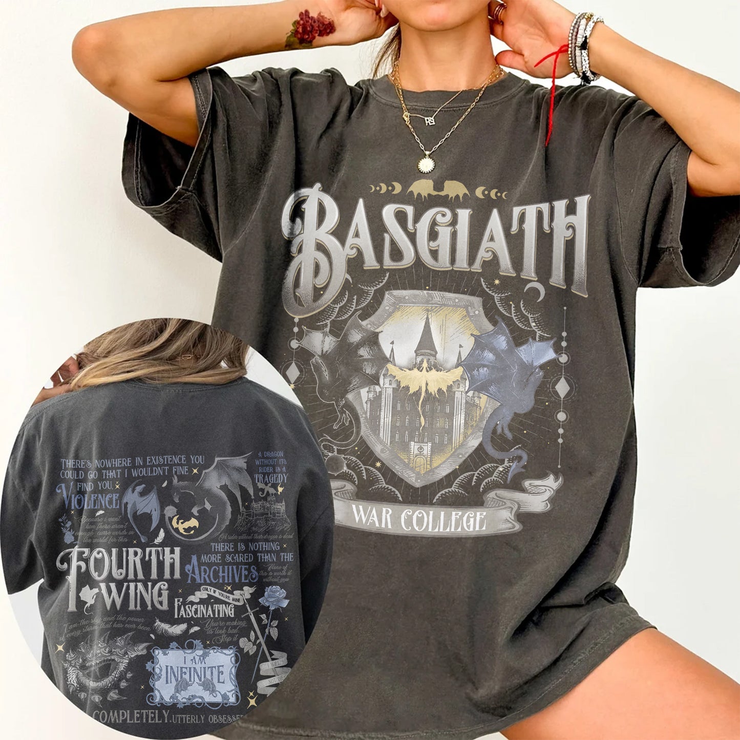 Basgiath Comfort Colors Tee – Fourth Wing Crest & Xaden Quotes
