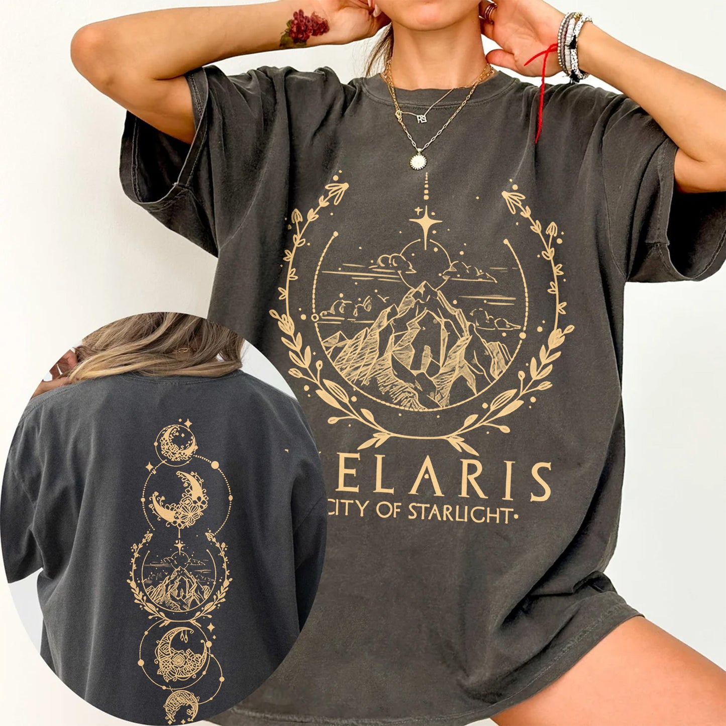 Velaris Comfort Colors T-Shirt – Celestial Sword & Moon Phases Design