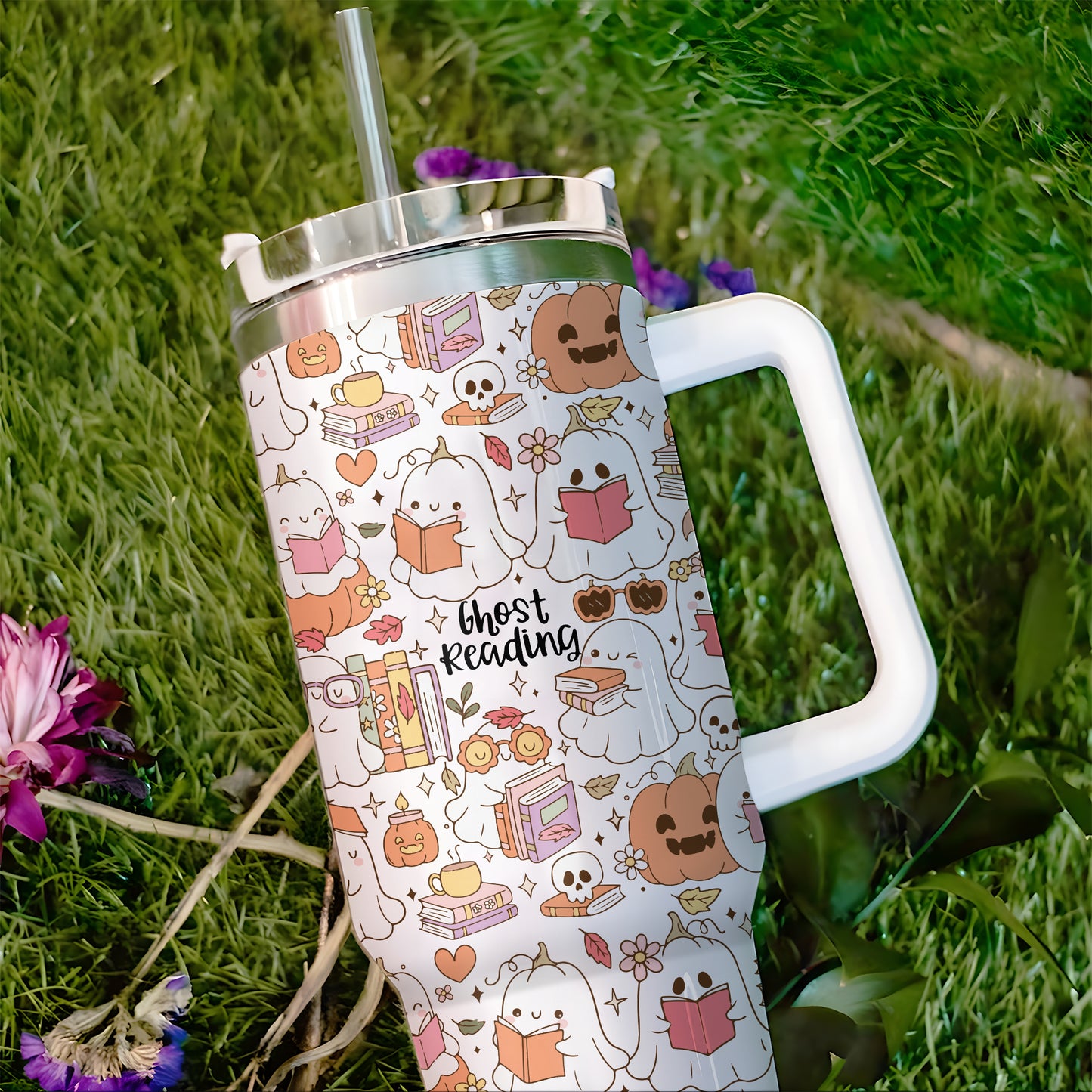 Ghost Reading Tumbler – 40oz Bookish Halloween Cup with Handle