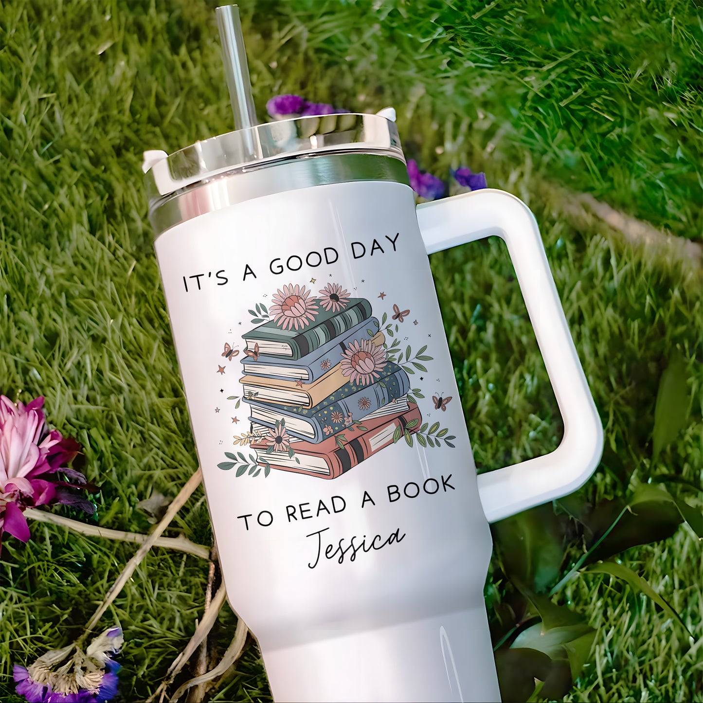 Custom Name Book Stack Reading Day Stainless Steel Tumbler