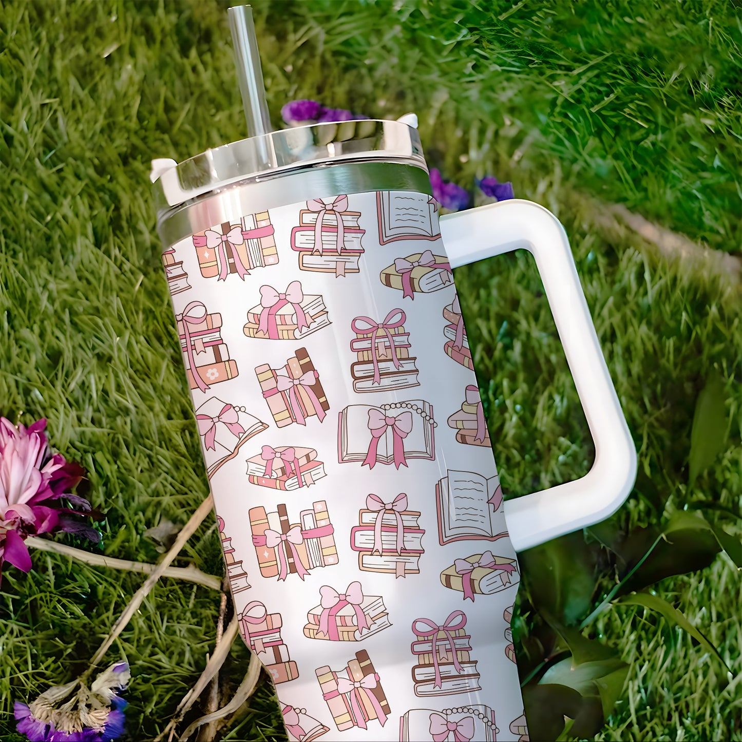 Book Lover Gift Tumbler – 40oz Pink Ribbon Bookish Cup