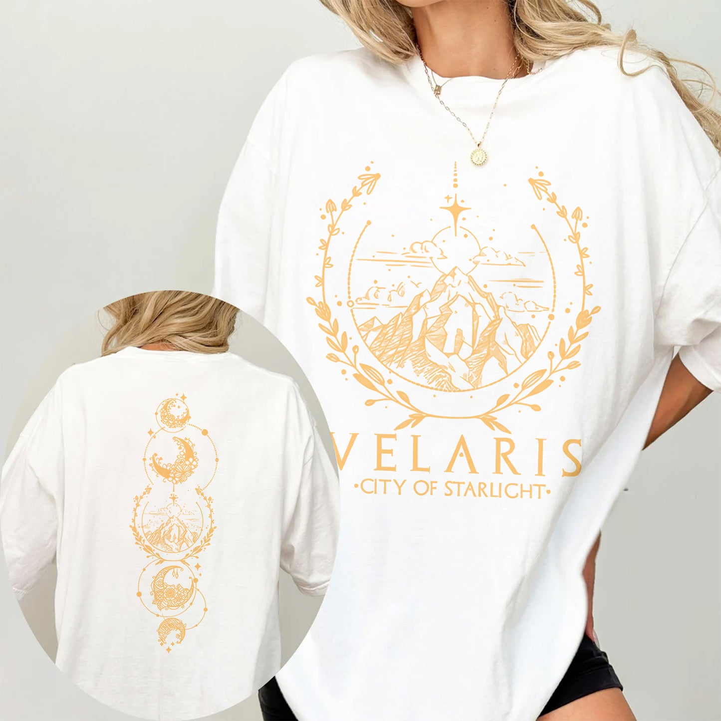 Velaris Comfort Colors T-Shirt – Celestial Sword & Moon Phases Design
