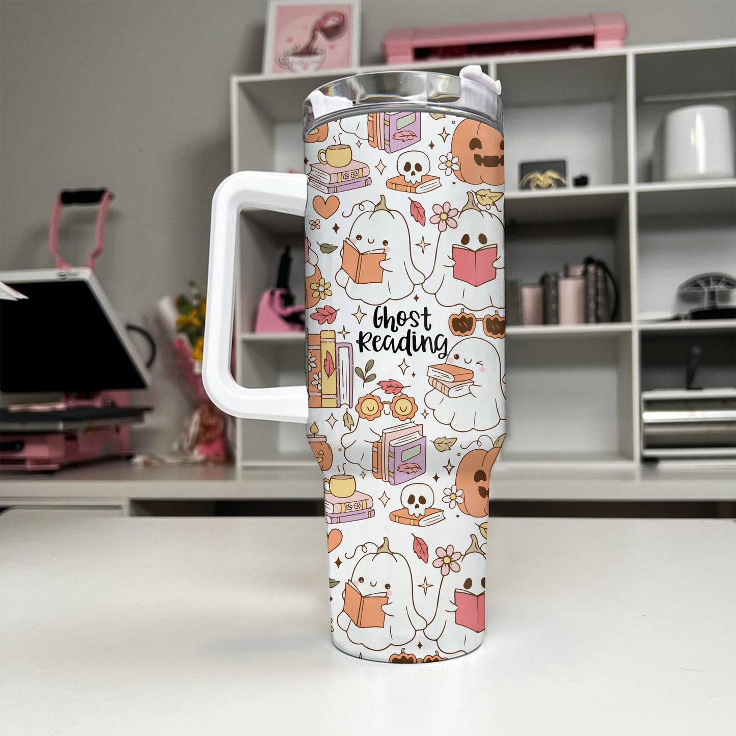 Ghost Reading Tumbler – 40oz Bookish Halloween Cup with Handle
