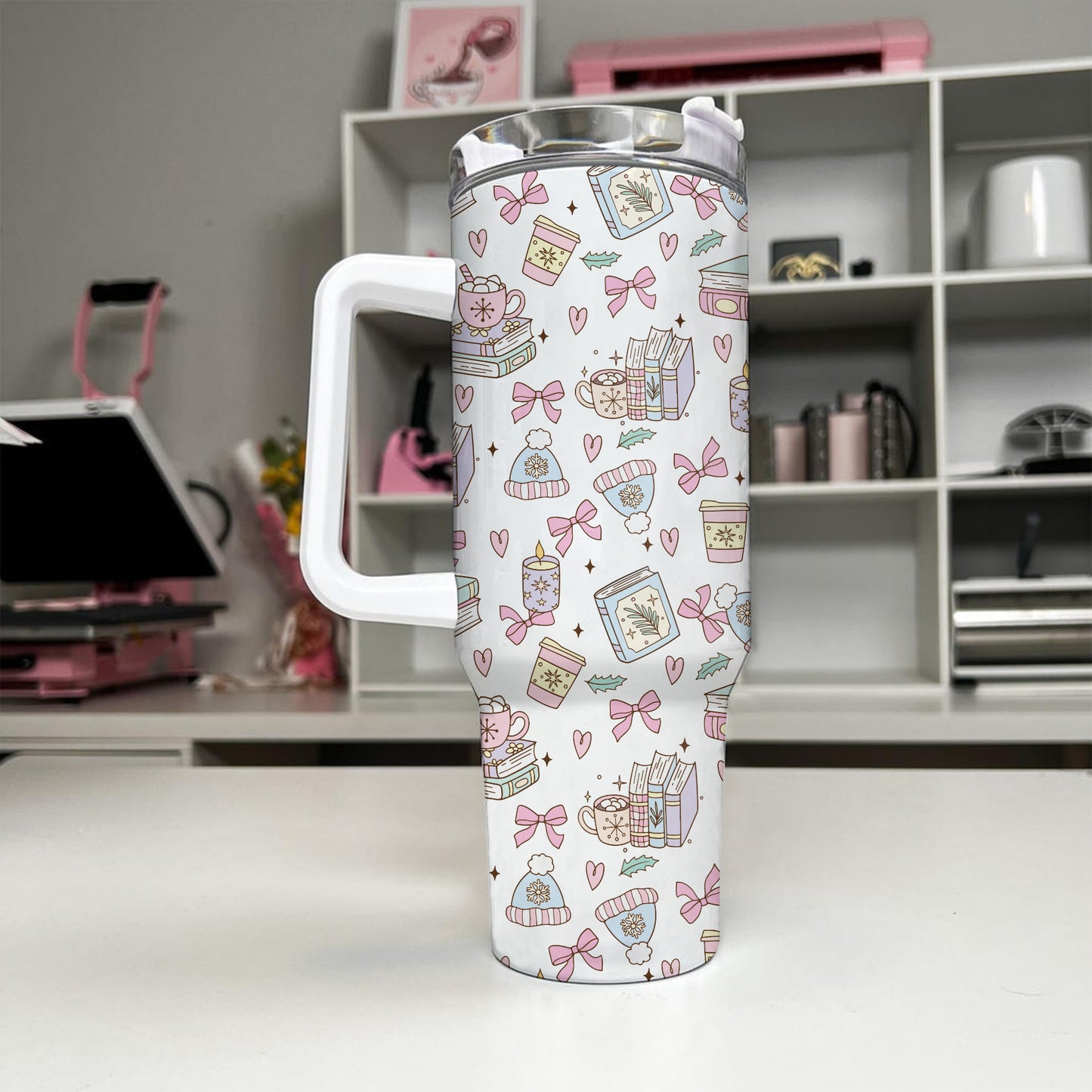 Cozy Bookish Winter Tumbler with Handle – 40oz Insulated Cup