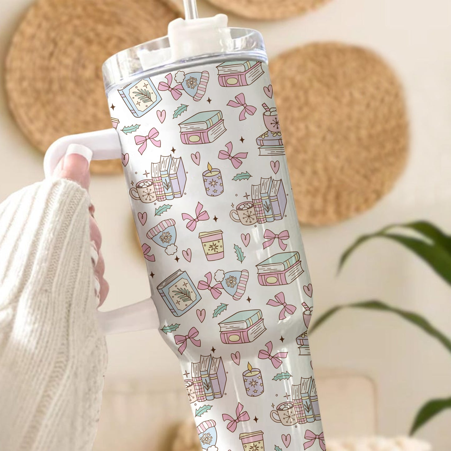 Cozy Bookish Winter Tumbler with Handle – 40oz Insulated Cup