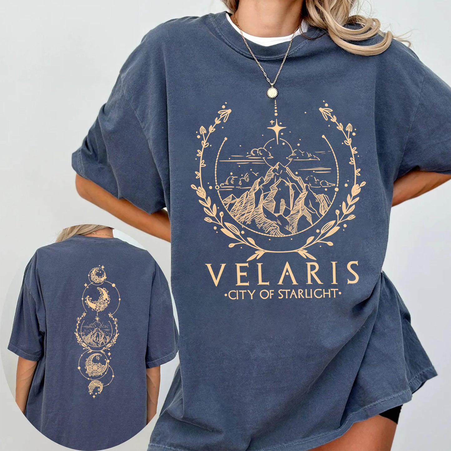 Velaris Comfort Colors T-Shirt – Celestial Sword & Moon Phases Design