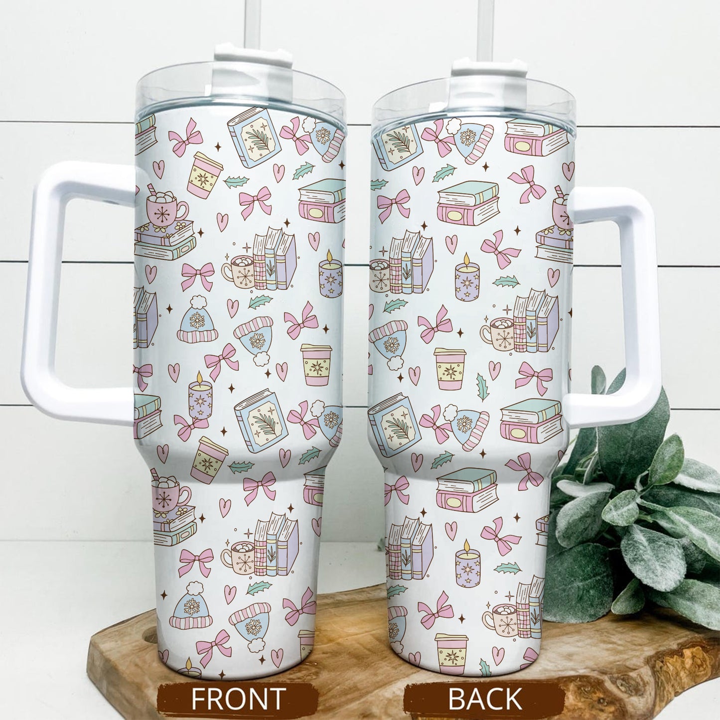 Cozy Bookish Winter Tumbler with Handle – 40oz Insulated Cup