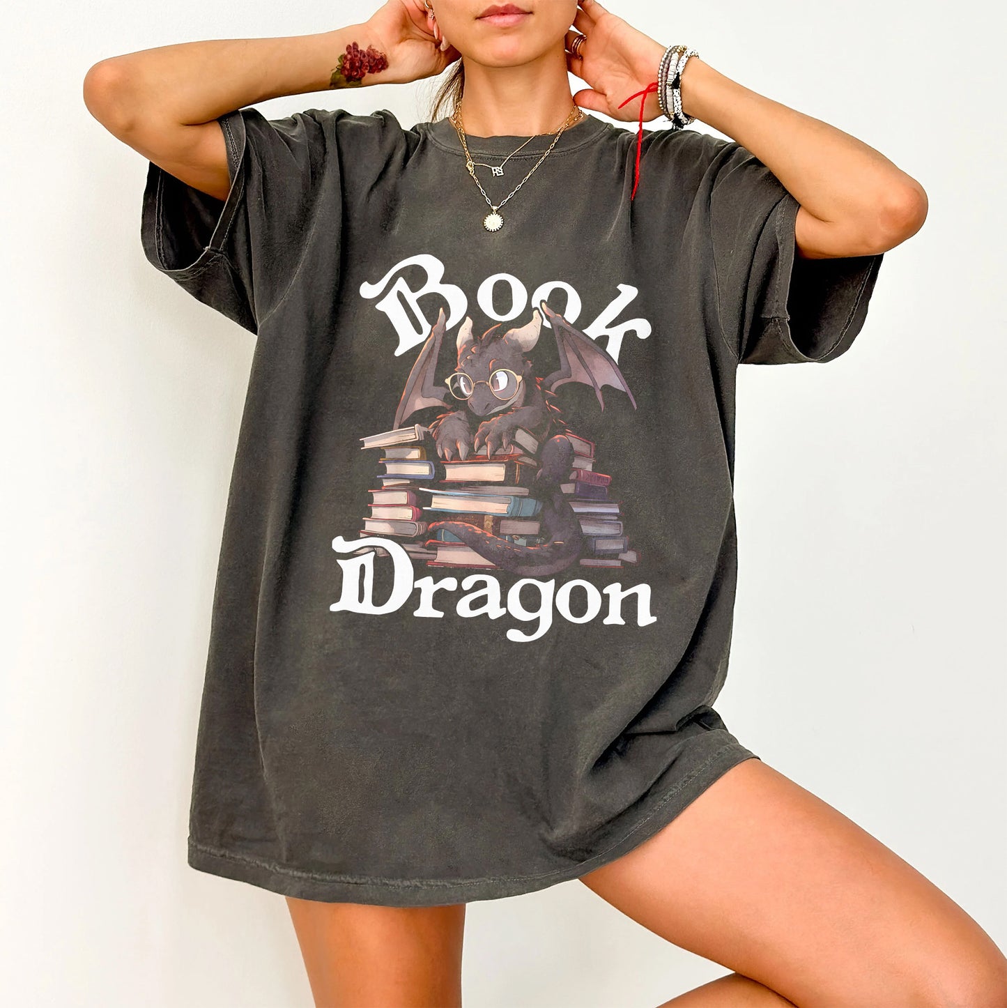 Book Dragon T-Shirt | Fantasy Reader Oversized Tee
