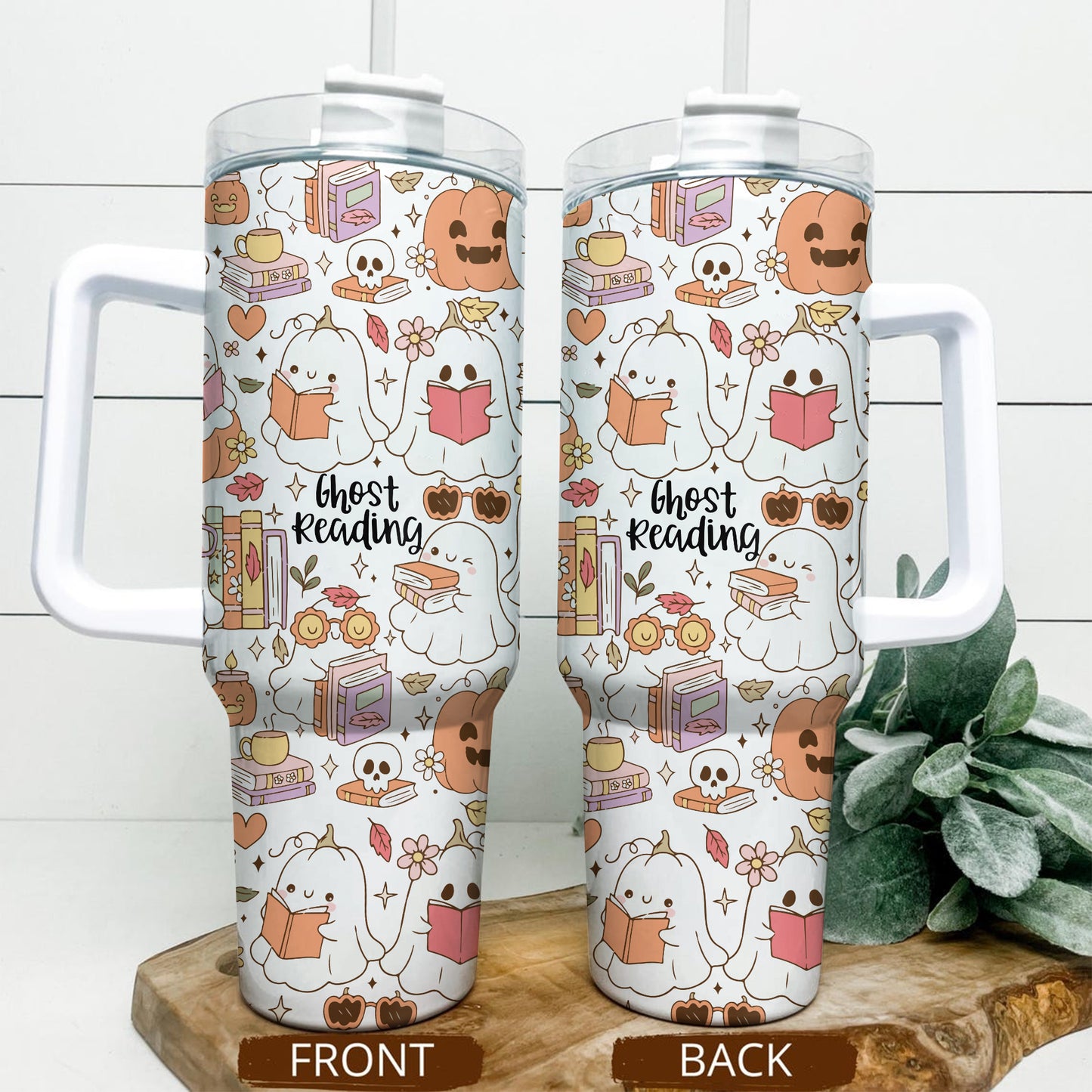 Ghost Reading Tumbler – 40oz Bookish Halloween Cup with Handle
