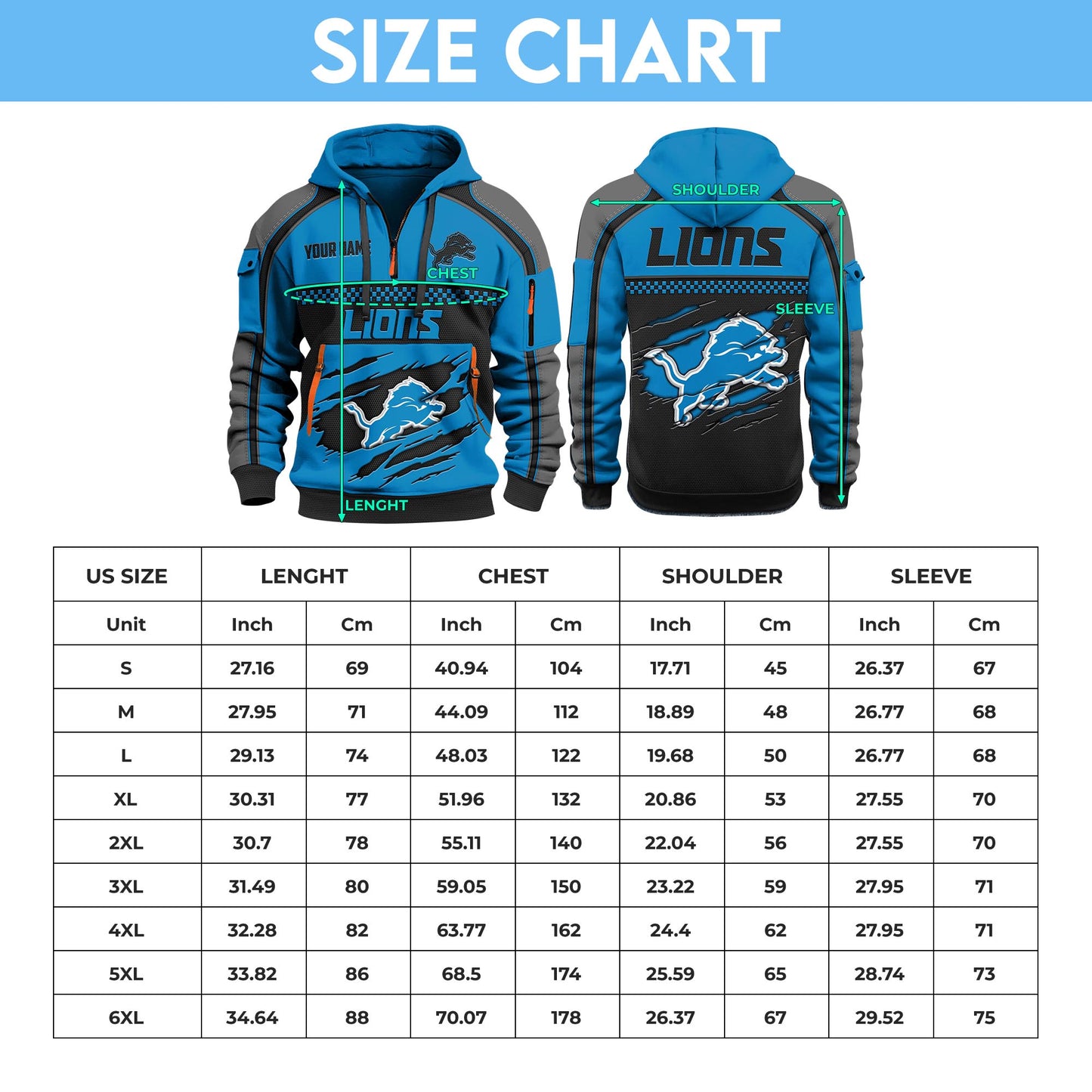 Detroit LionsHoodie Half Zipper Custom Your Name EHIVM-06242639