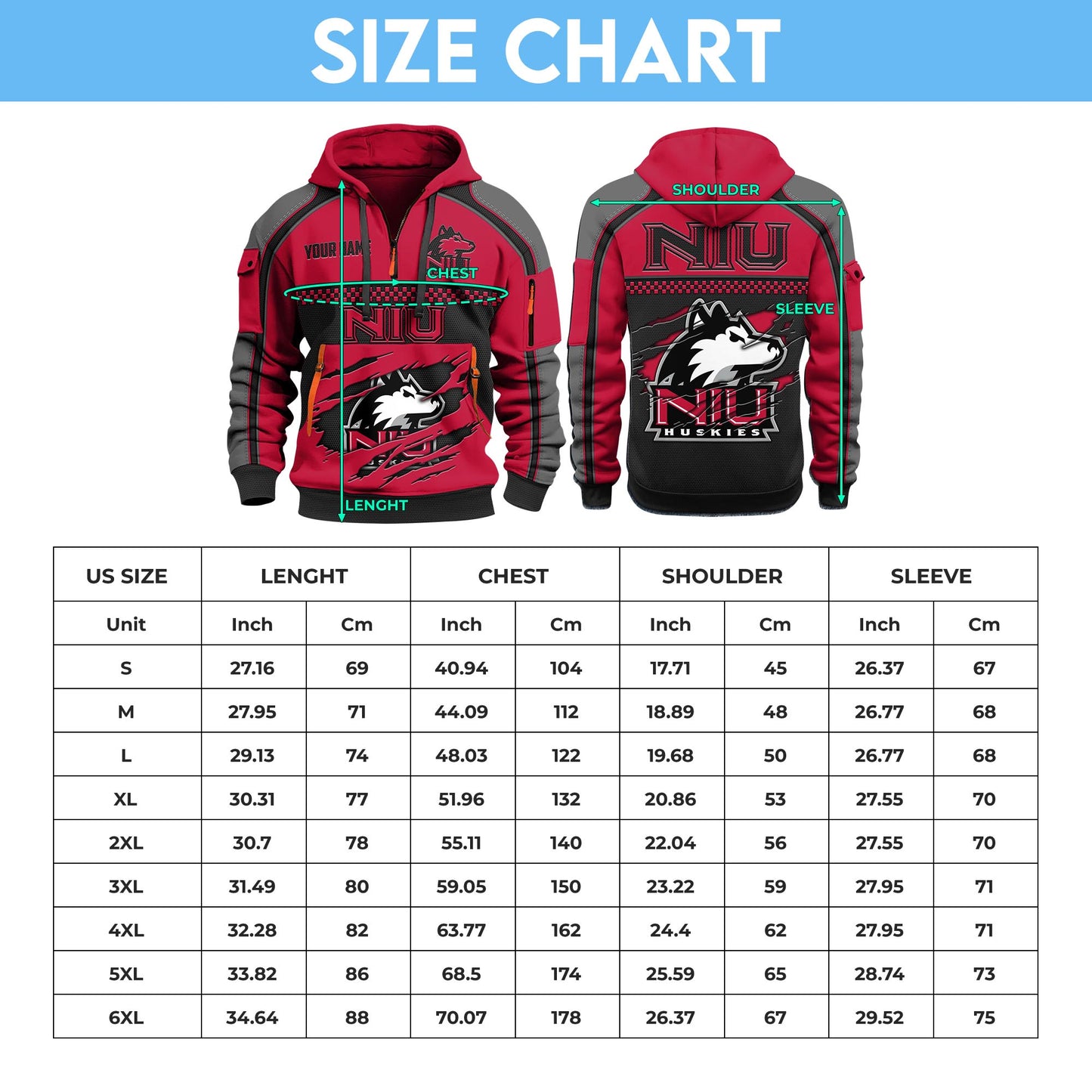 Northern Illinois HuskiesHoodie Half Zipper Custom Your Name EHIVM-07092718