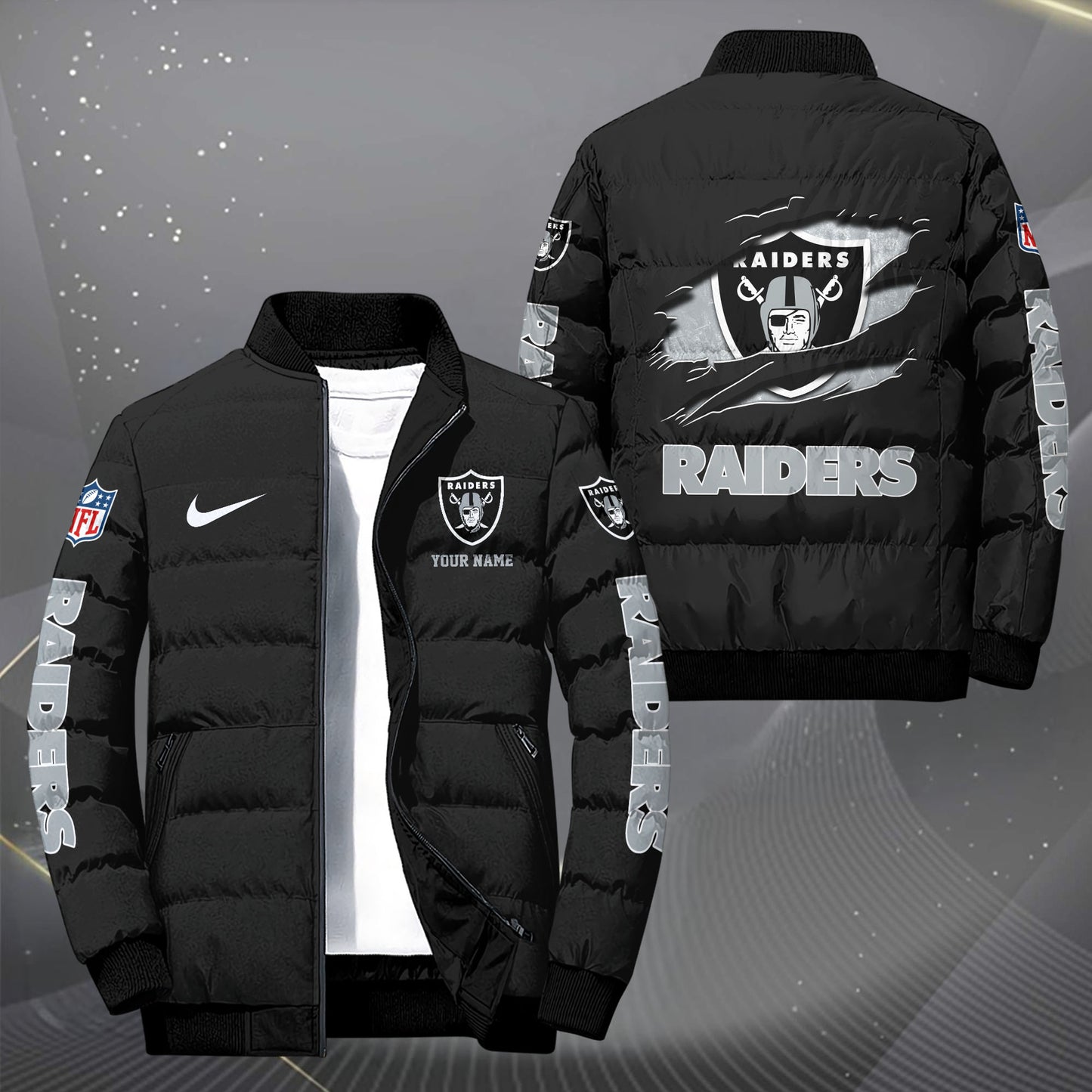 Las Vegas Raiders Puffer Jacket Custom Your Name, Sport Jacket, FootBall Fan Gifts EHIVM-62479
