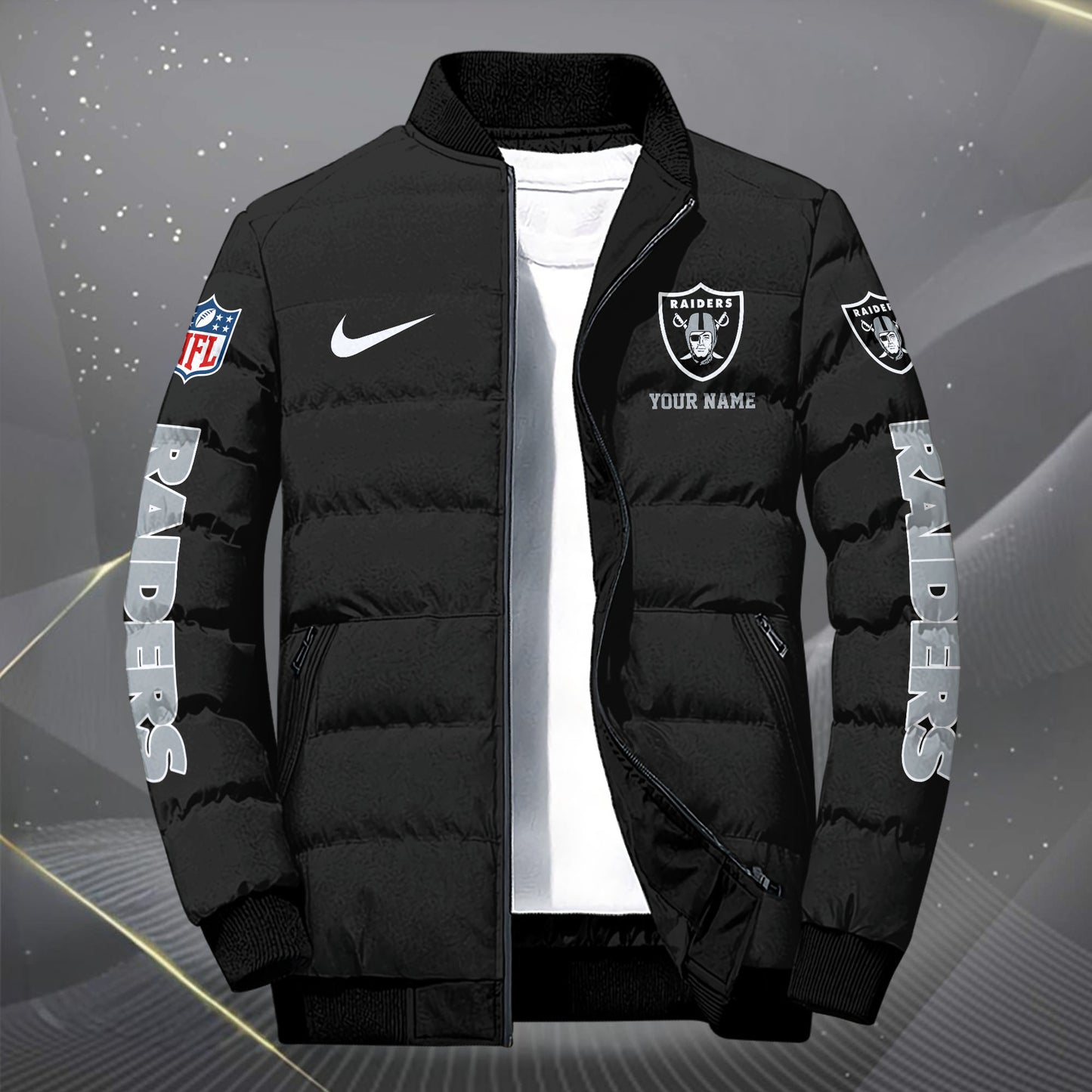 Las Vegas Raiders Puffer Jacket Custom Your Name, Sport Jacket, FootBall Fan Gifts EHIVM-62479