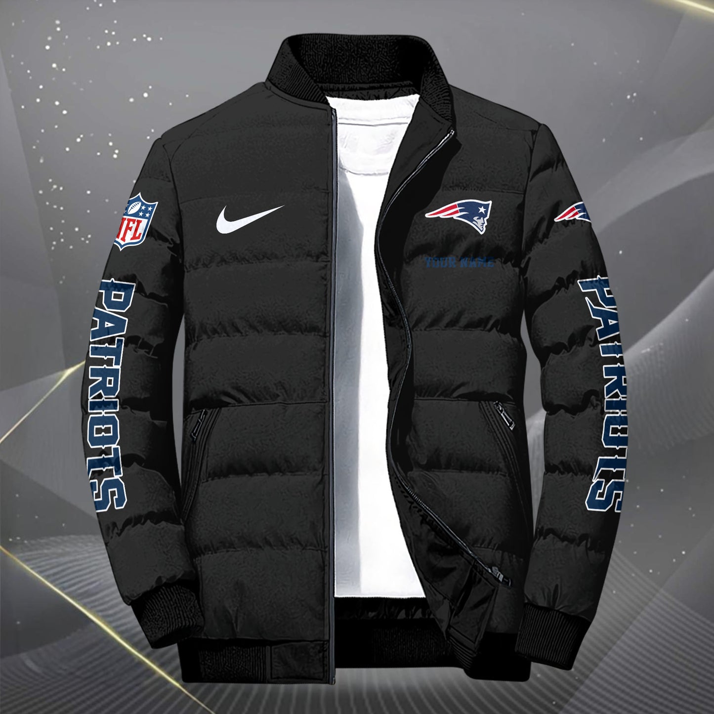 New England Patriots Puffer Jacket Custom Your Name, Sport Jacket, FootBall Fan Gifts EHIVM-62479
