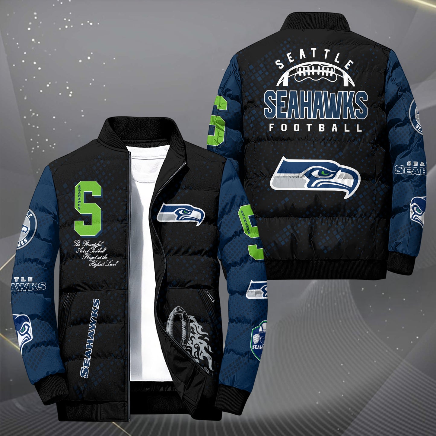 Seattle Seahawks Puffer Jacket Custom Your Name, Sport Jacket, FootBall Fan Gifts EHIVM-62495