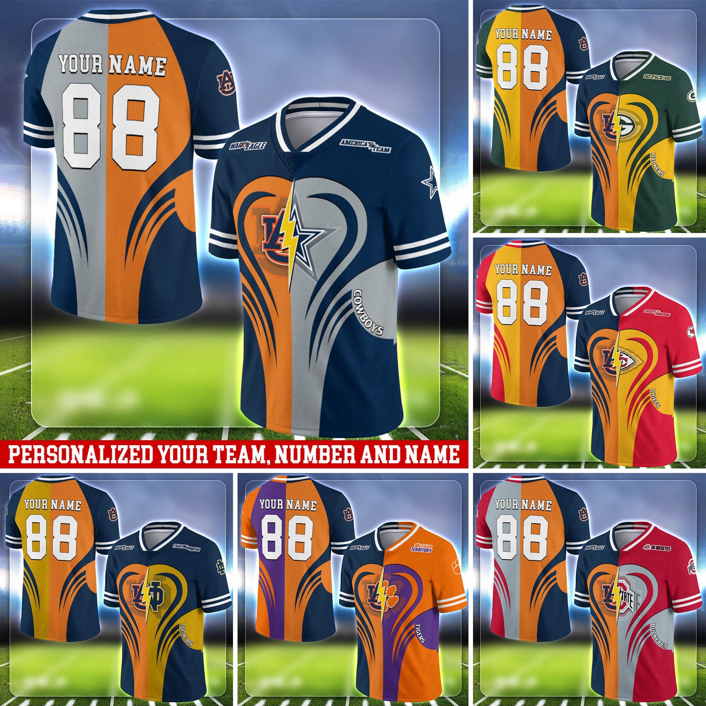 Auburn Tigers Team Vneck Football Jersey Personalized Your Name, Team and Number, Sports Gifts for Fan ETHY-53691