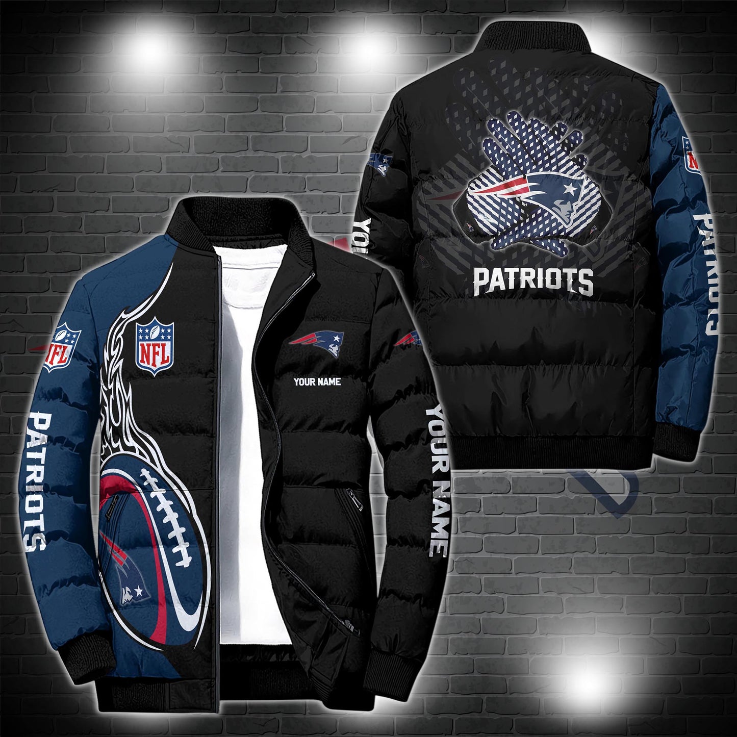 New England Patriots Puffer Jacket Custom Name, Sport Jacket For Fans ETRG-44921