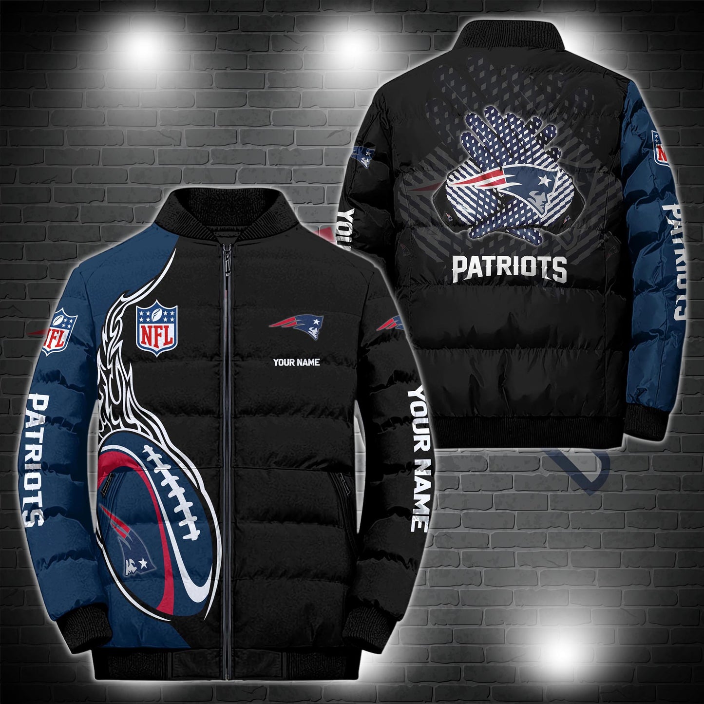 New England Patriots Puffer Jacket Custom Name, Sport Jacket For Fans ETRG-44921