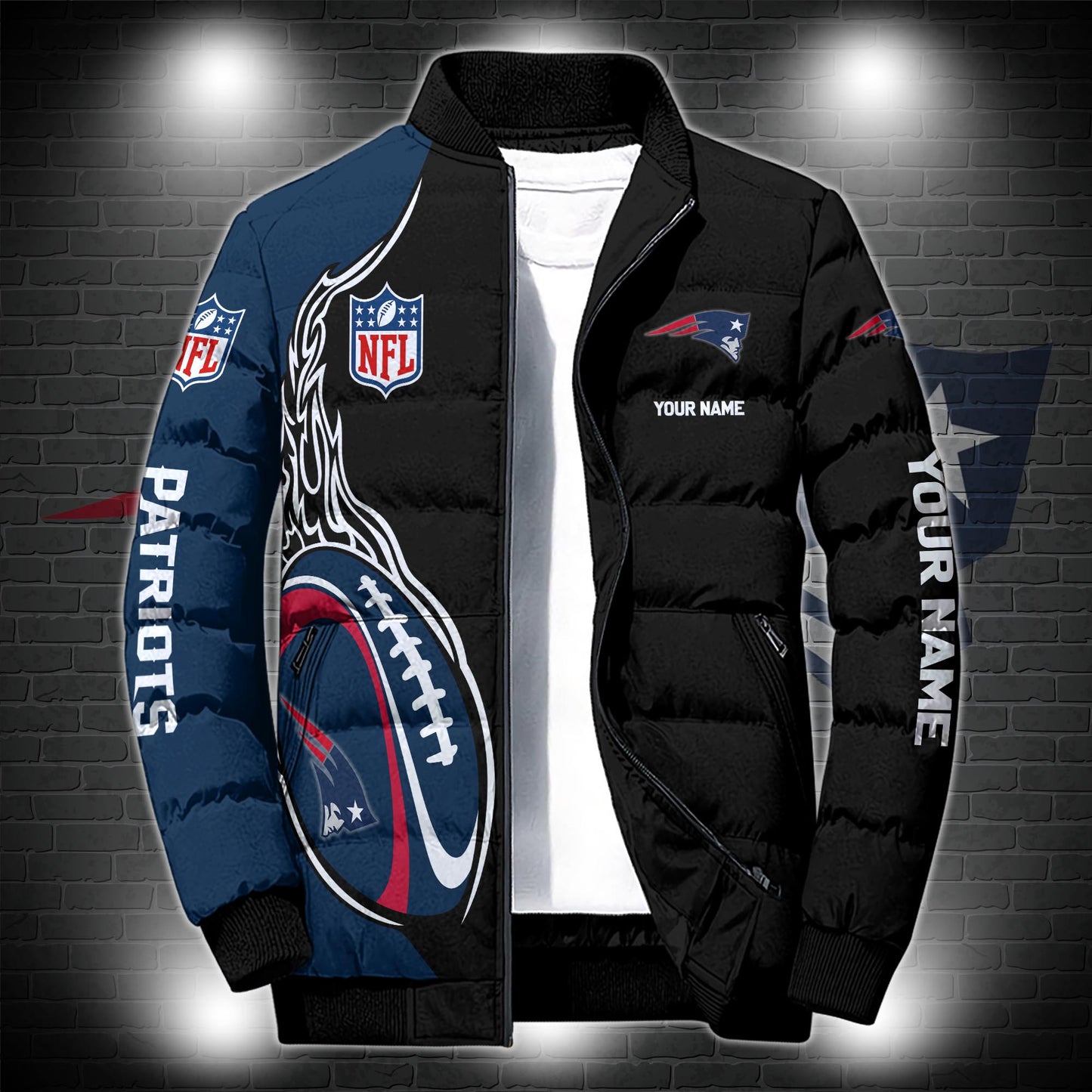 New England Patriots Puffer Jacket Custom Name, Sport Jacket For Fans ETRG-44921