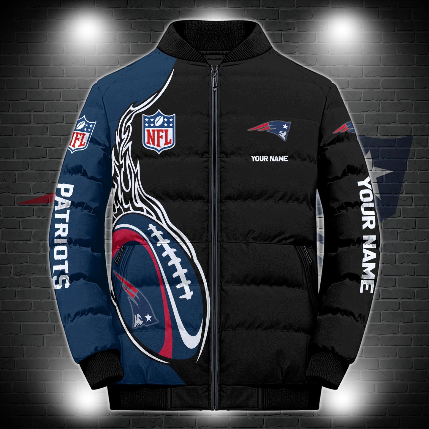 New England Patriots Puffer Jacket Custom Name, Sport Jacket For Fans ETRG-44921
