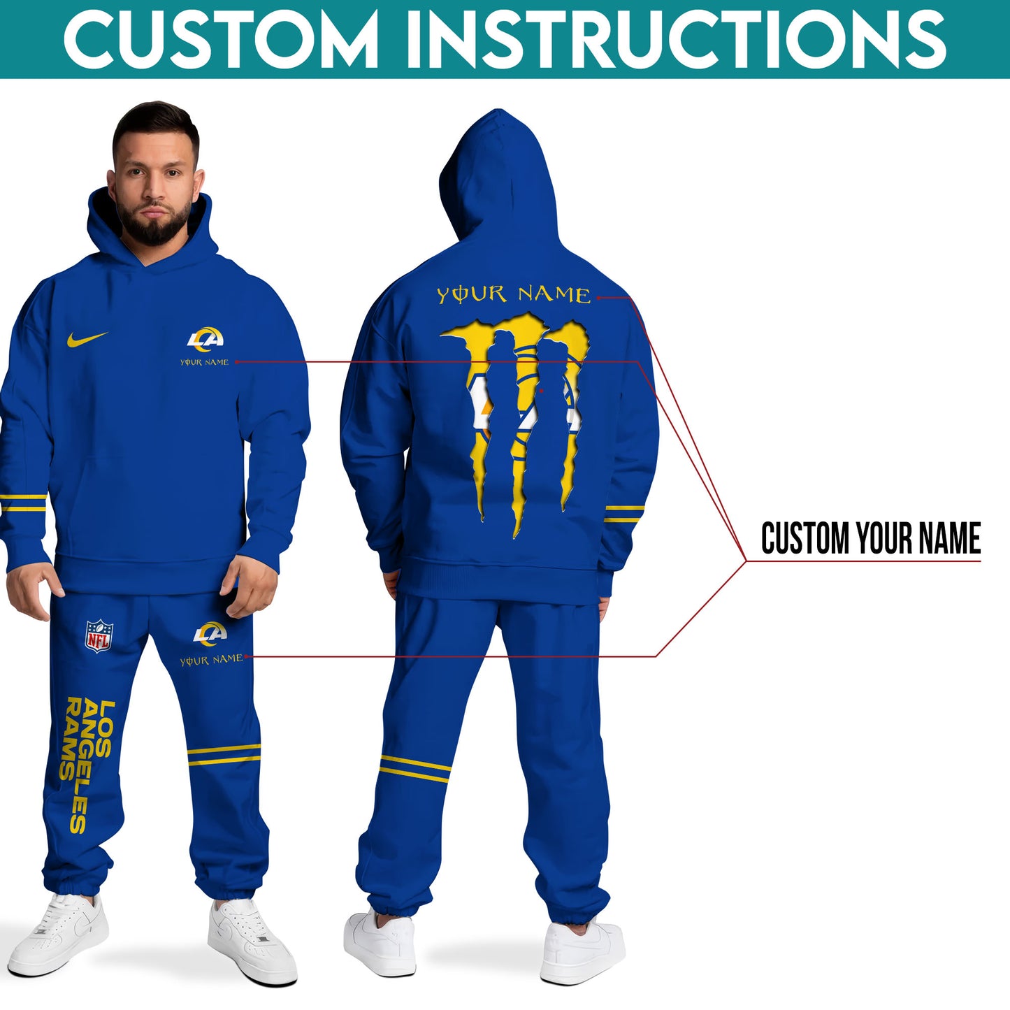 Los Angeles Rams Combo Hoodie And Sweatpants Custom Name And Choose Color, Gift For Sport Fans ETRG-62589