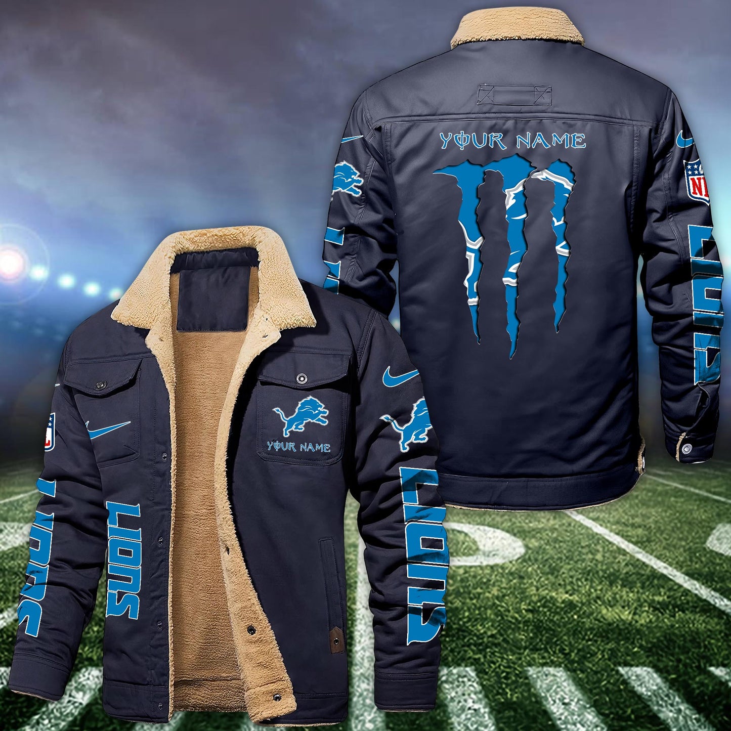 Detroit Lions Fleece Bomber Jacket Custom Name, Sport Jackets For Fan ETRG-09293710