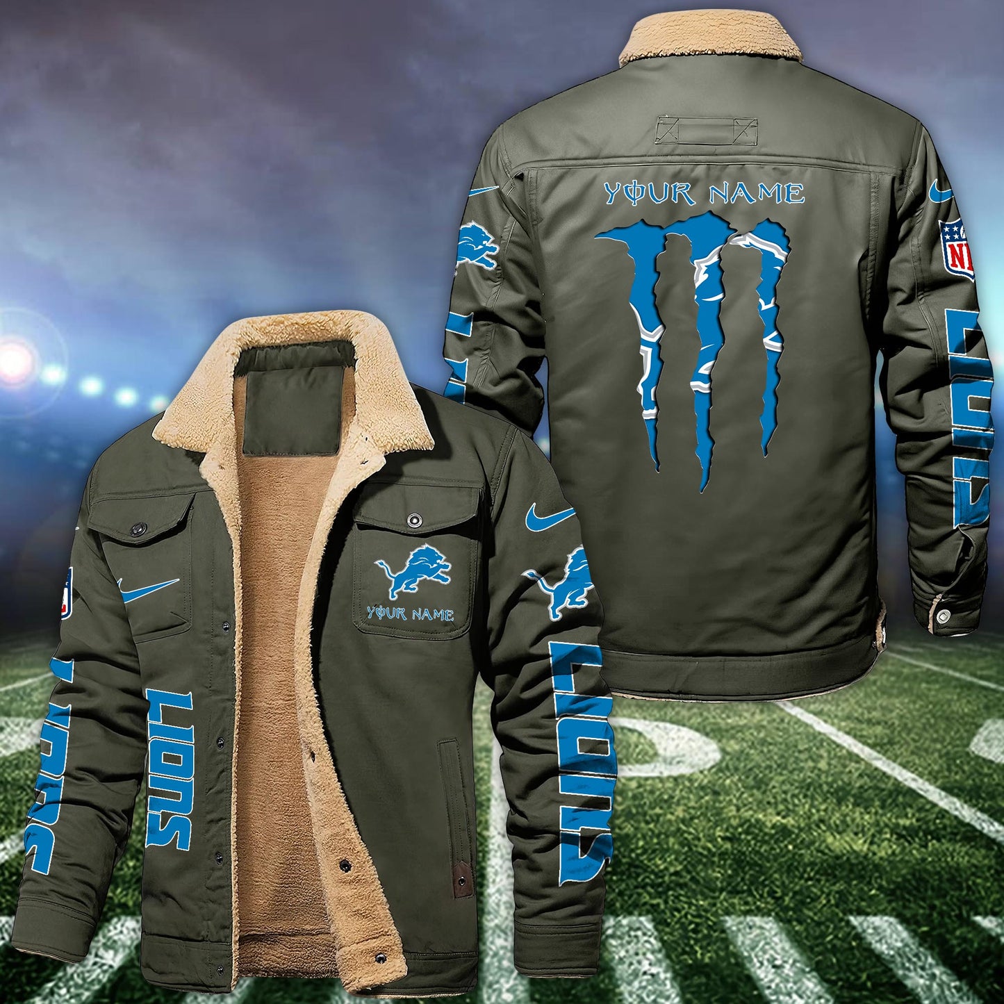 Detroit Lions Fleece Bomber Jacket Custom Name, Sport Jackets For Fan ETRG-09293710
