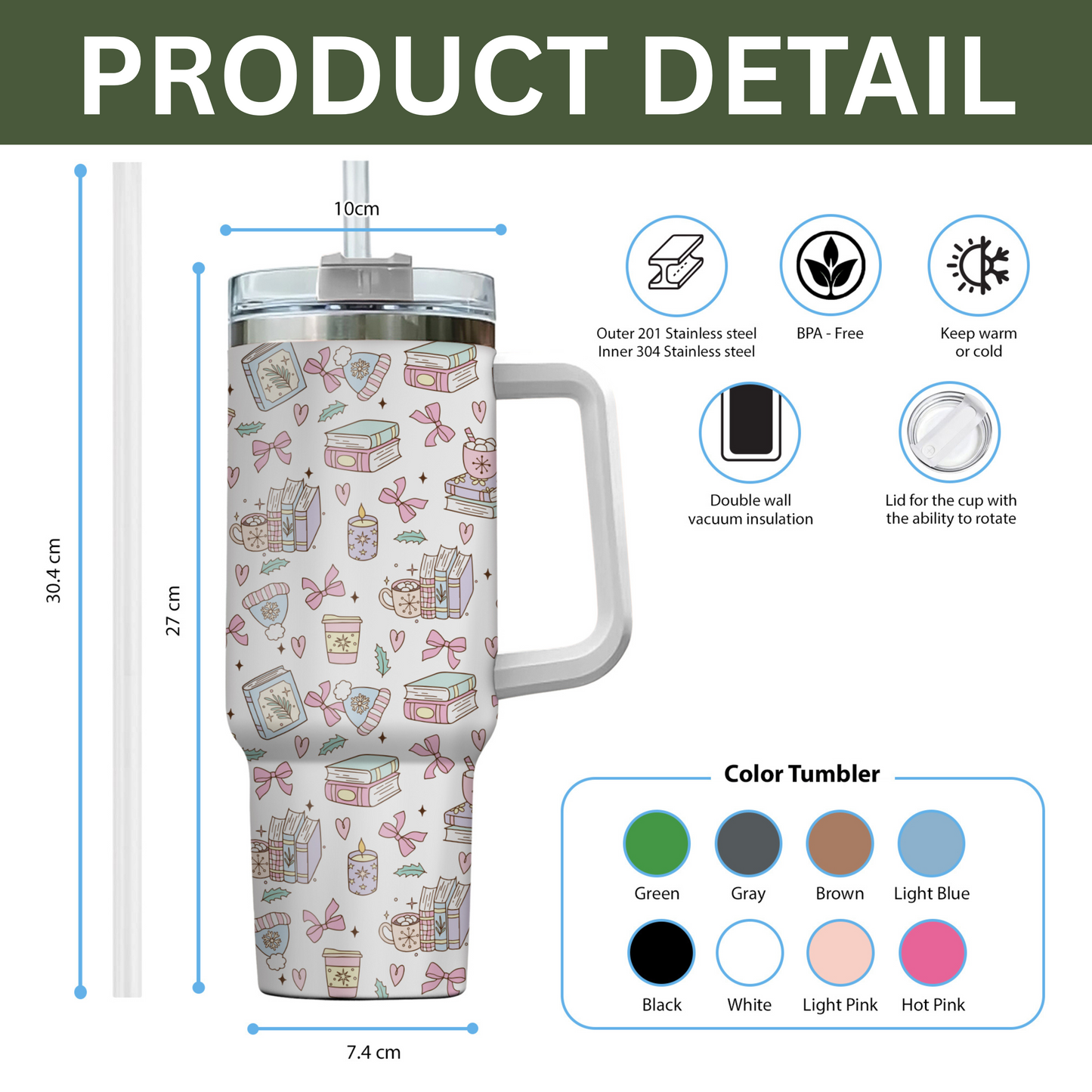 Cozy Bookish Winter Tumbler with Handle – 40oz Insulated Cup