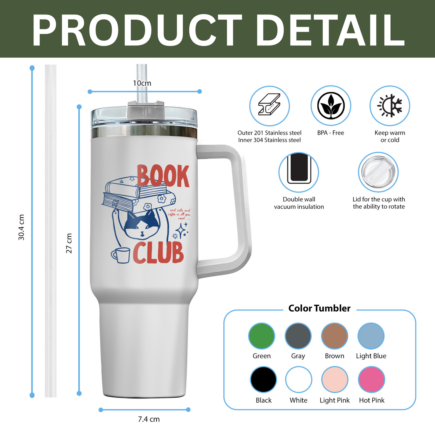 Book Club Cat Tumbler – Stainless Steel, Reader Gift