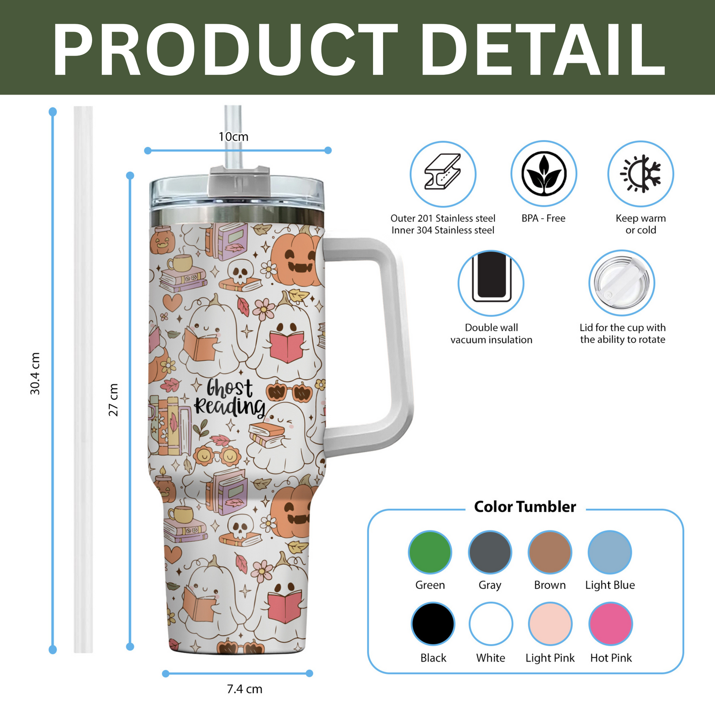 Ghost Reading Tumbler – 40oz Bookish Halloween Cup with Handle