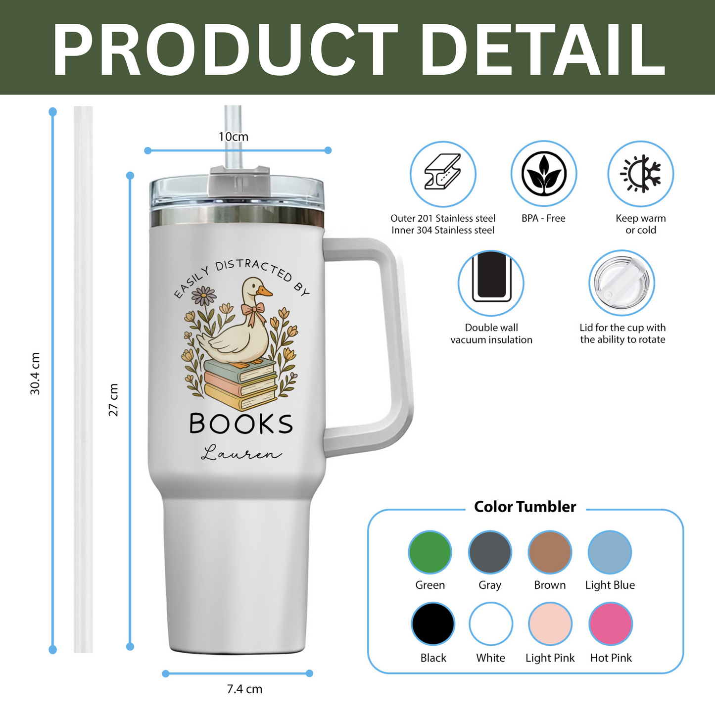 Custom Name Duck Book Lover Stainless Steel Tumbler