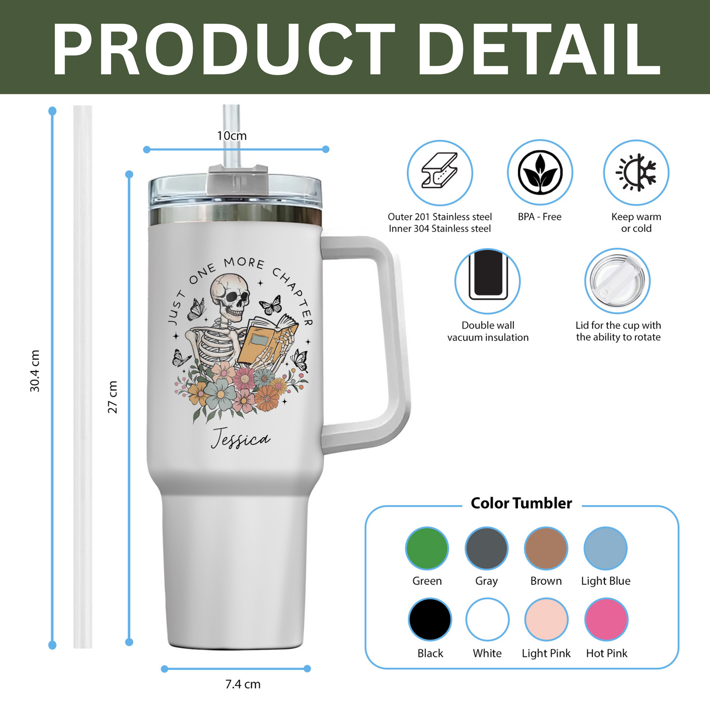 Custom Name Skeleton Reading Stainless Steel Tumbler