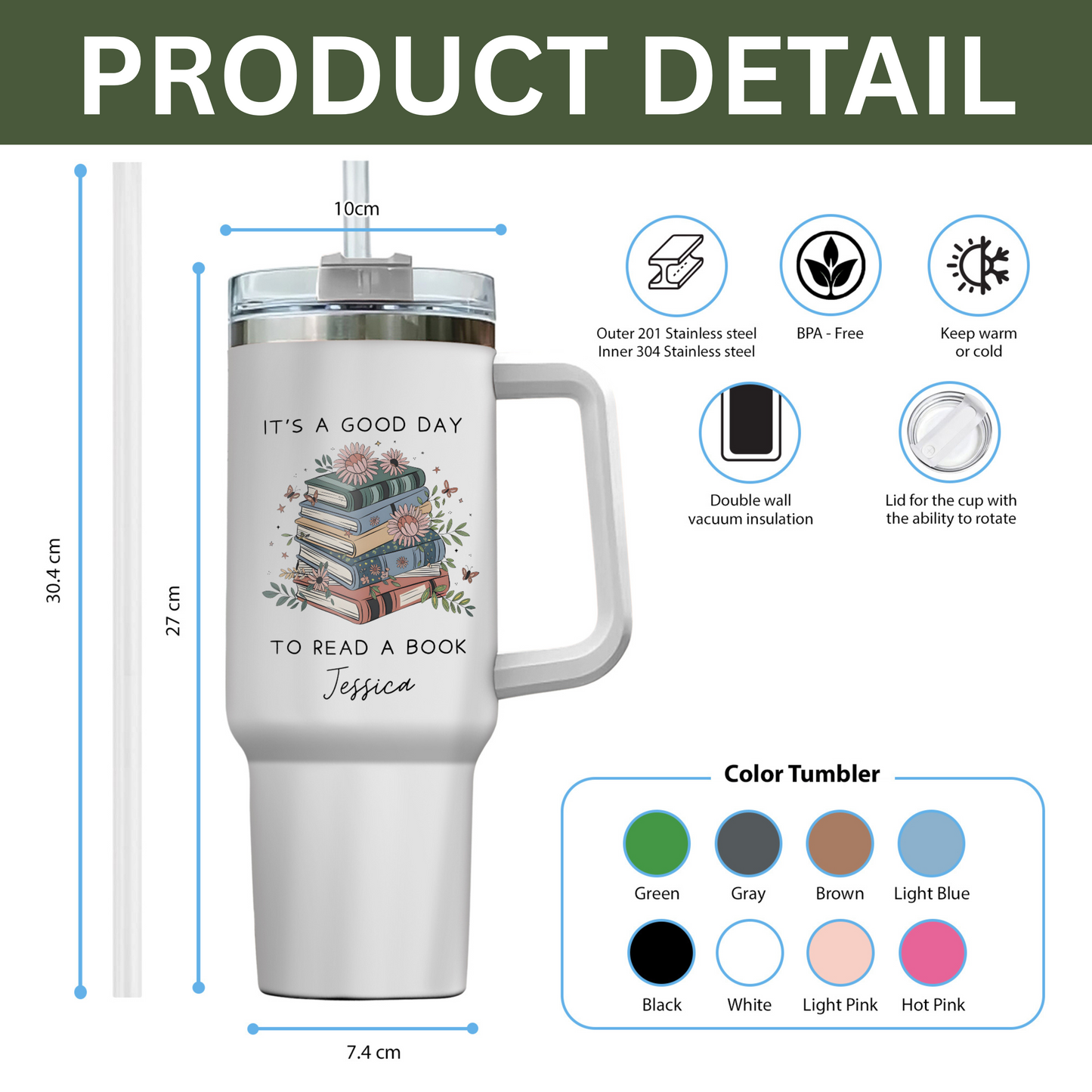 Custom Name Book Stack Reading Day Stainless Steel Tumbler