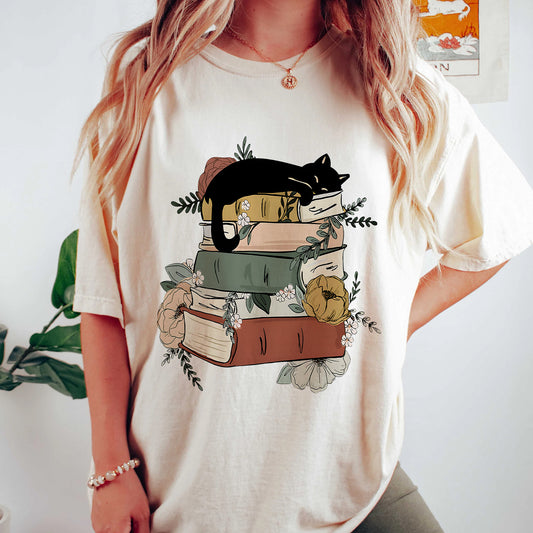 Cozy Book Lover Comfort Colors T-Shirt – Cat & Floral Aesthetic