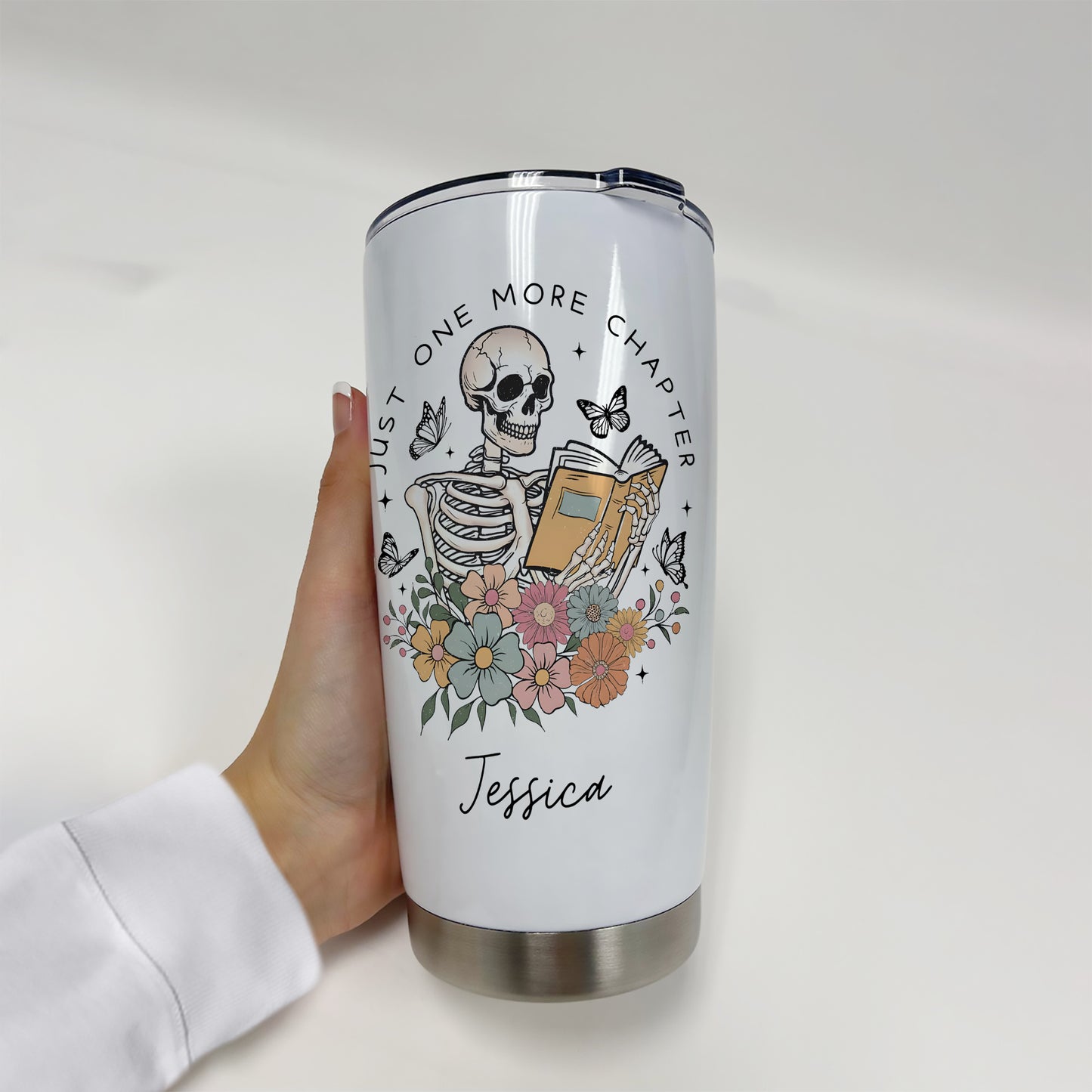 Custom Name Skeleton Reading Stainless Steel Tumbler