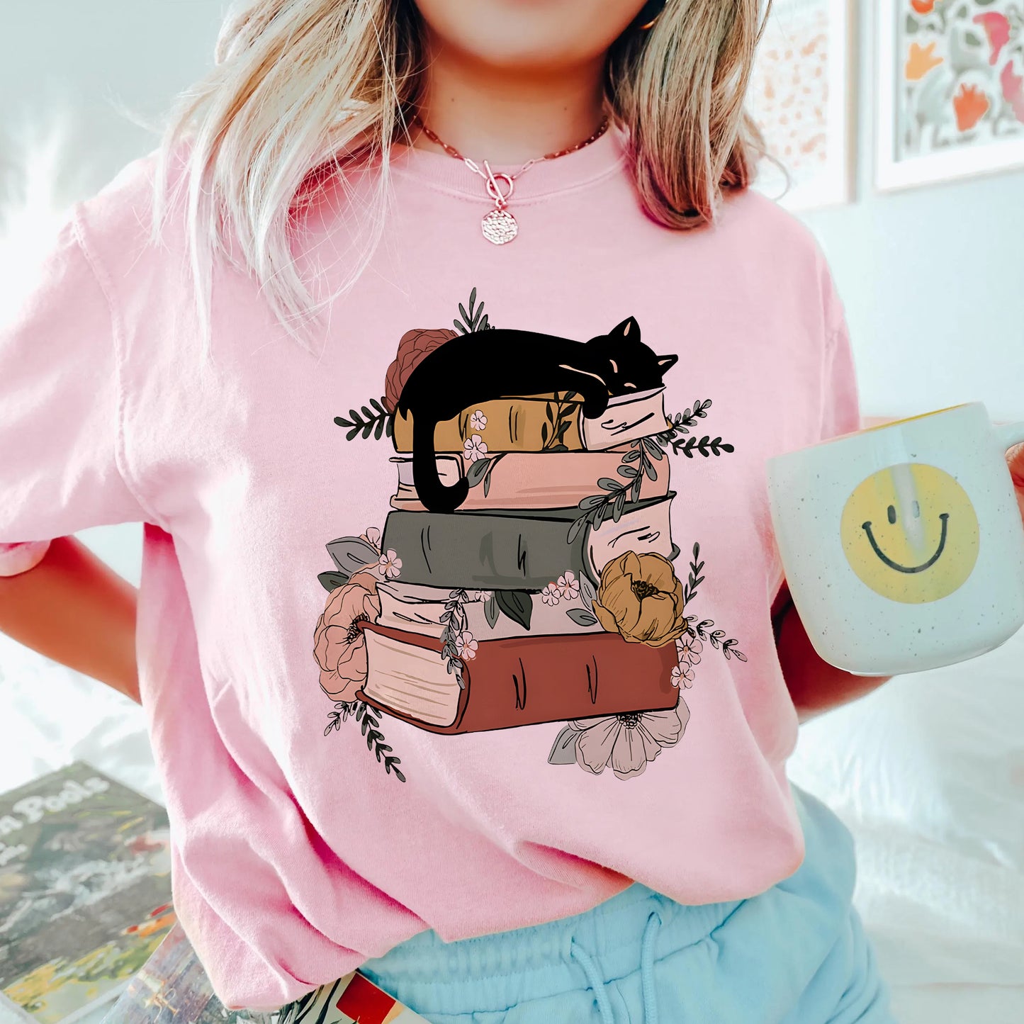 Cozy Book Lover Comfort Colors T-Shirt – Cat & Floral Aesthetic