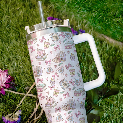 Cozy Bookish Winter Tumbler with Handle – 40oz Insulated Cup