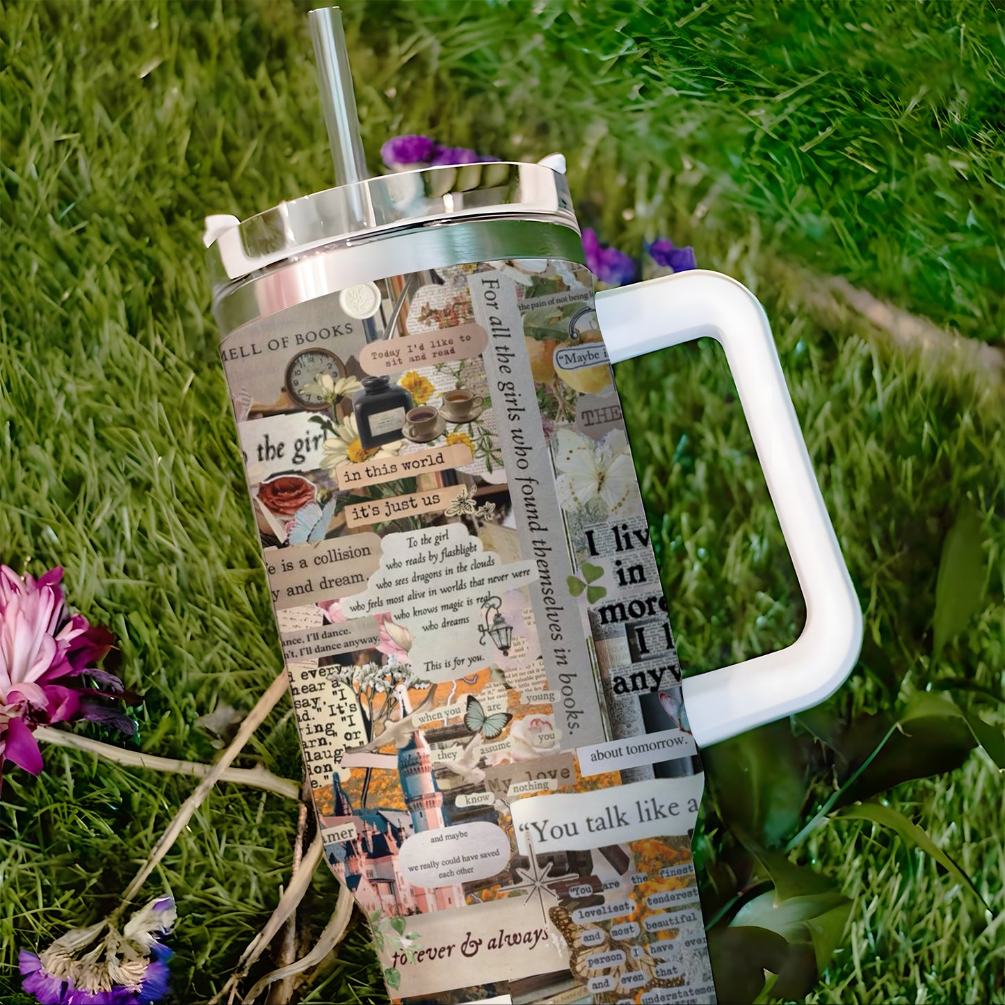 Book Lover Collage Tumbler with Handle – 40oz Aesthetic Travel Mug