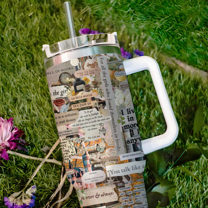 Book Lover Collage Tumbler with Handle – 40oz Aesthetic Travel Mug