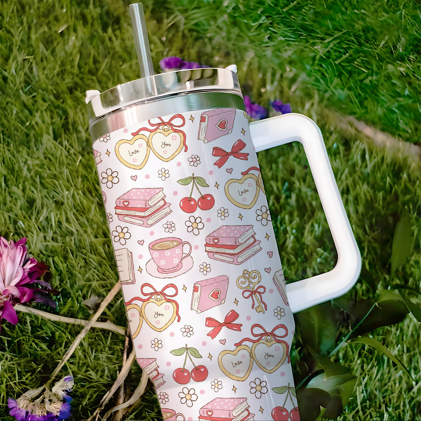 Bookish Love Aesthetic Tumbler with Handle – 40oz Stainless Steel