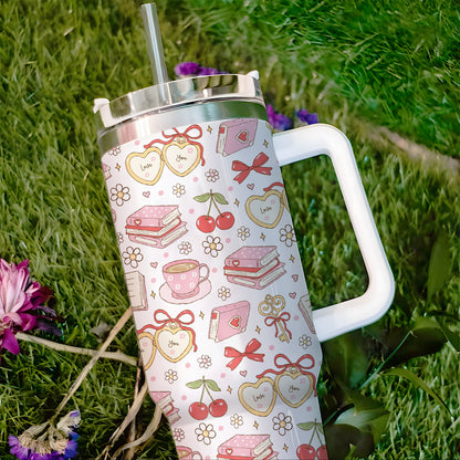 Bookish Love Aesthetic Tumbler with Handle – 40oz Stainless Steel