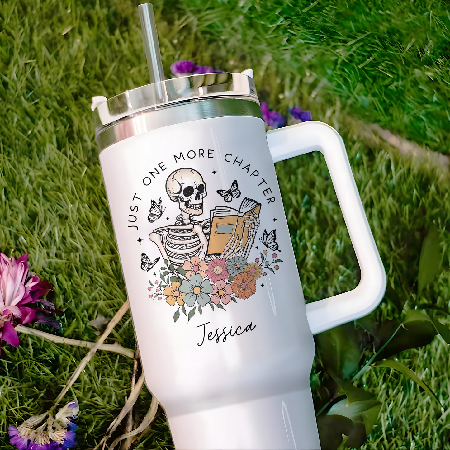 Custom Name Skeleton Reading Stainless Steel Tumbler