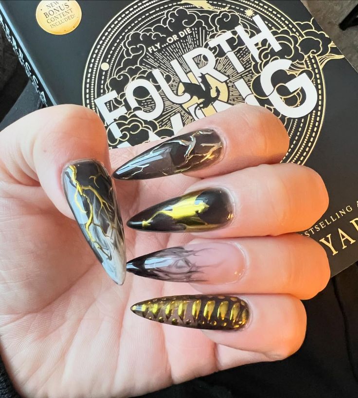 Fourth Wing Onyx Storm Nails | Dragon Lightning Fantasy Press Ons