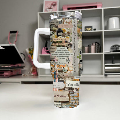 Book Lover Collage Tumbler with Handle – 40oz Aesthetic Travel Mug