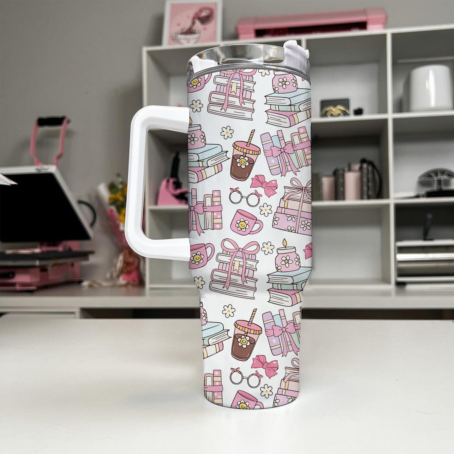 Bookish Boba Tumbler – 20oz & 40oz Pink Aesthetic Cup